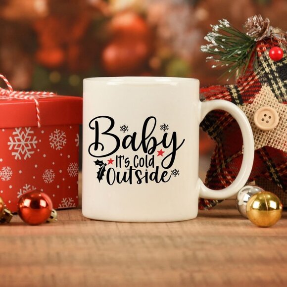 Novelty Ceramic Mug 11 Oz White "Baby Its Cold Outside" Holiday Gift for Her/Him - Picture 2 of 8